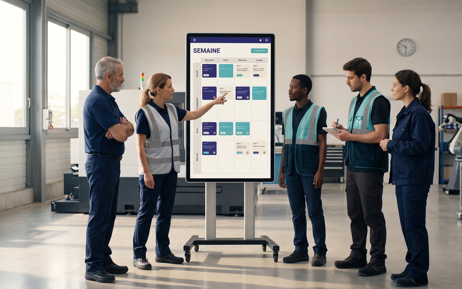 Ein Produktionsteam versammelt vor einer Touch-Stele mit dem Wochenplan in SESAHUB