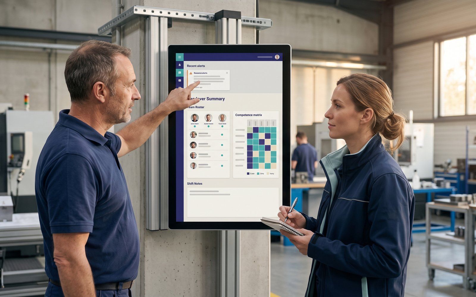 Zwei Führungskräfte prüfen Schichtübergabe und Kompetenzmatrix auf einem SESAHUB-Shopfloor-Bildschirm